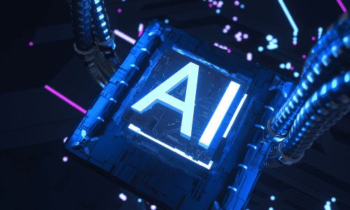 AI logo with bright blue lights emitting a glow.